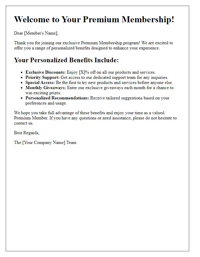 Letter template of personalized premium membership benefits