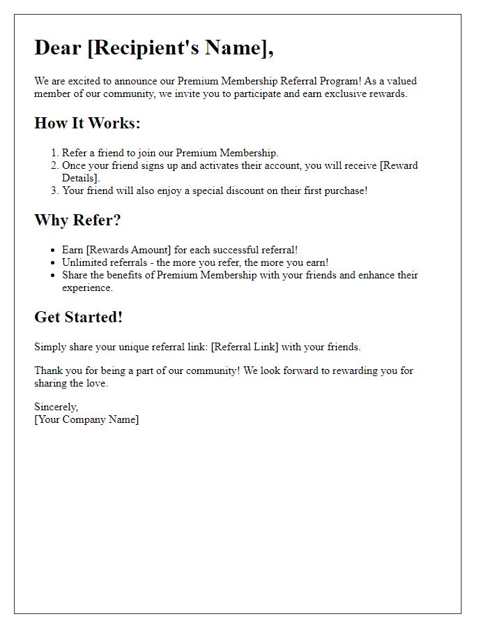Letter template of premium membership referral rewards