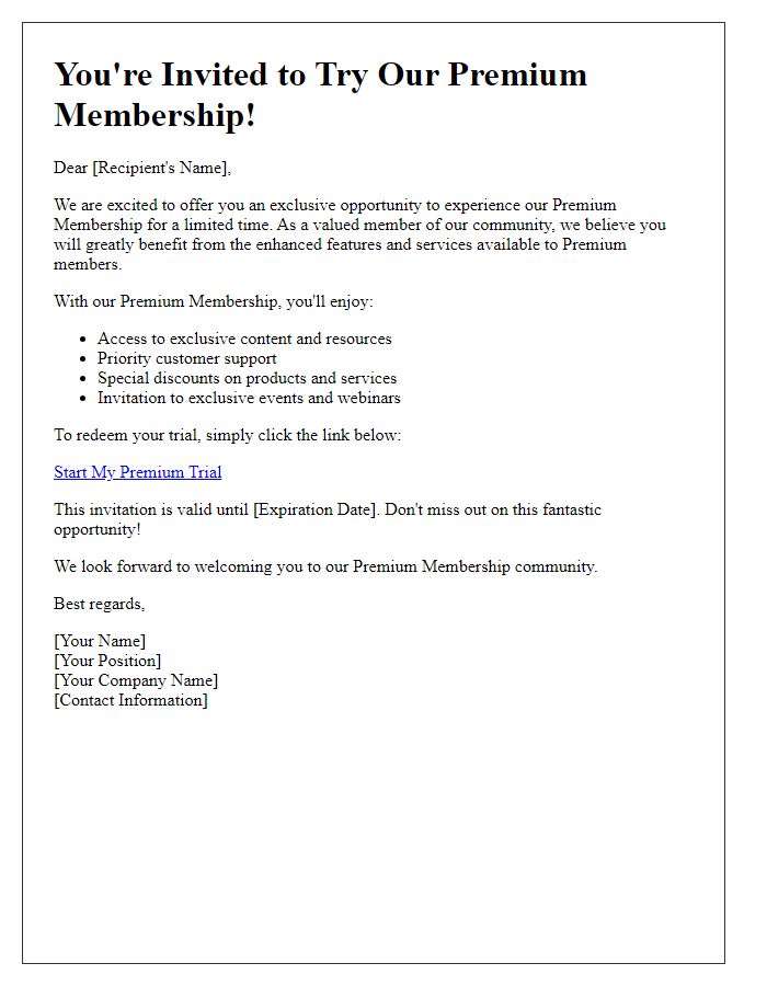 Letter template of premium membership trial invitation