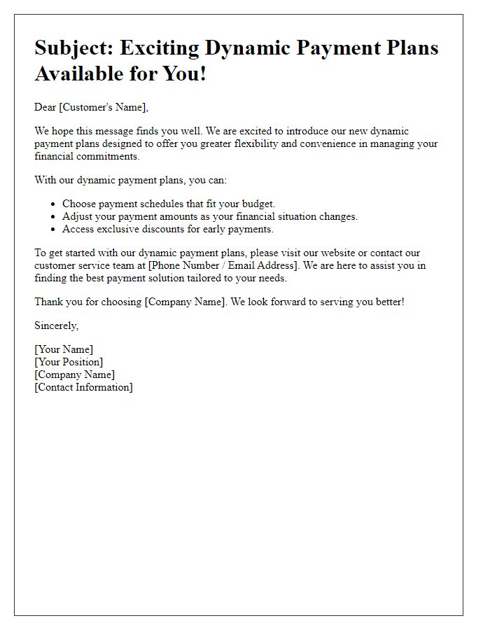 Letter template of highlighting dynamic payment plans