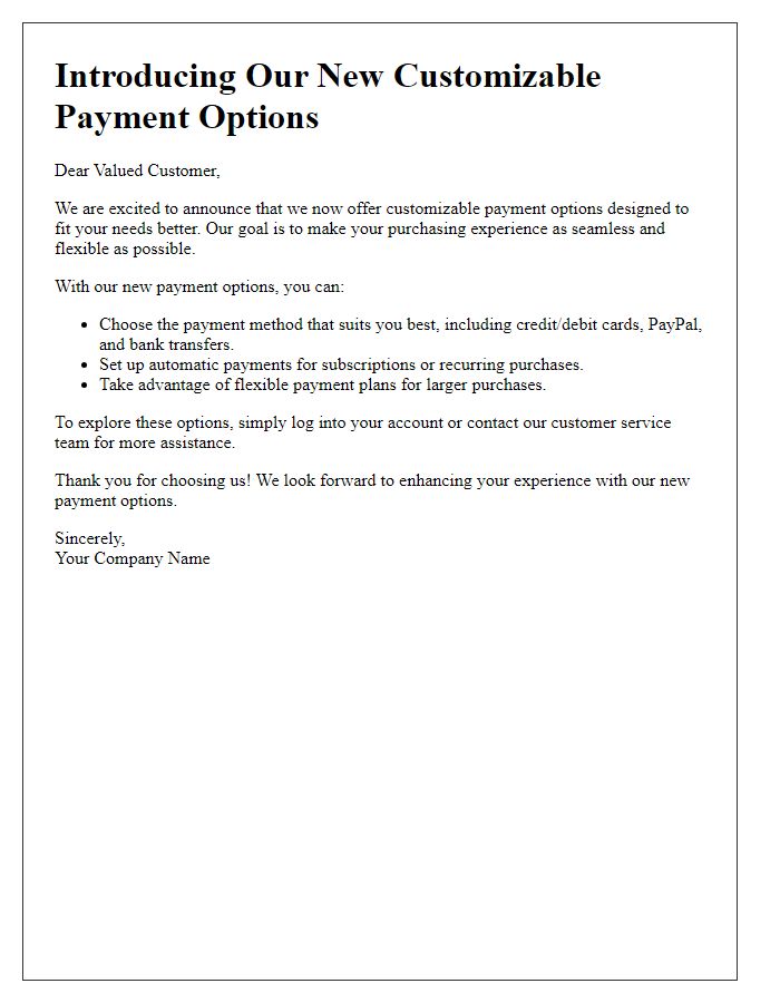 Letter template of introducing customizable payment options