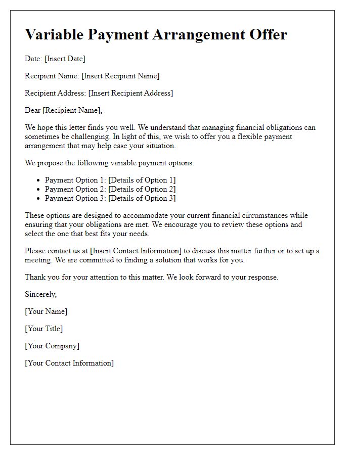 Letter template of offering variable payment arrangements