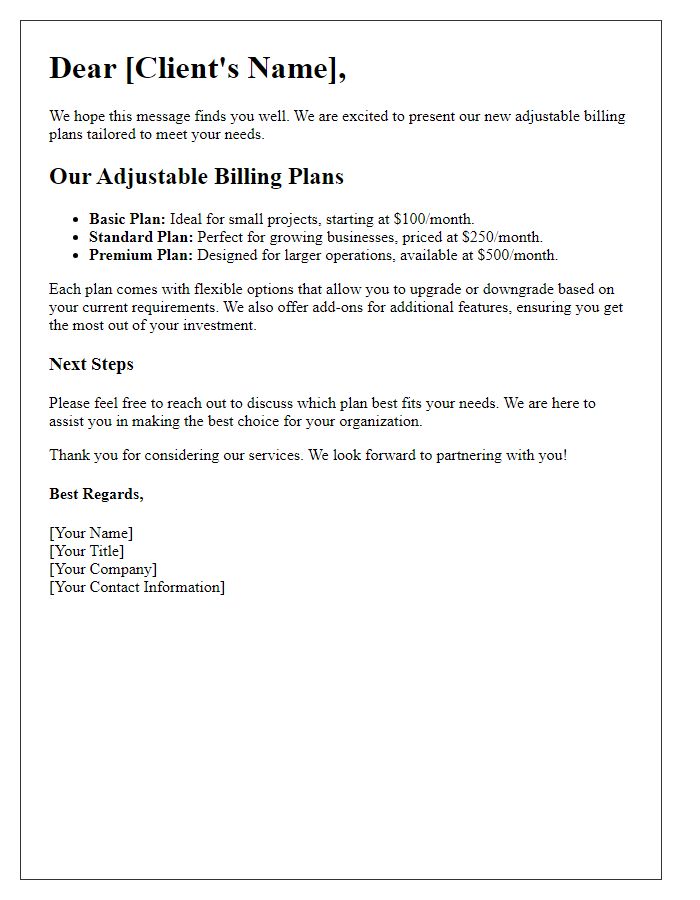 Letter template of presenting adjustable billing plans