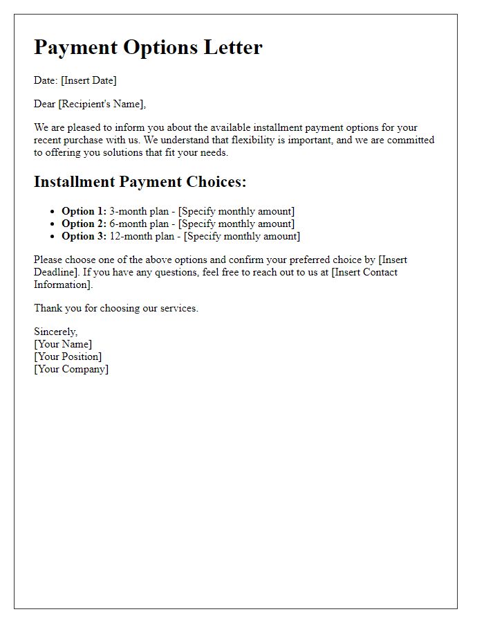 Letter template of revealing installment payment choices