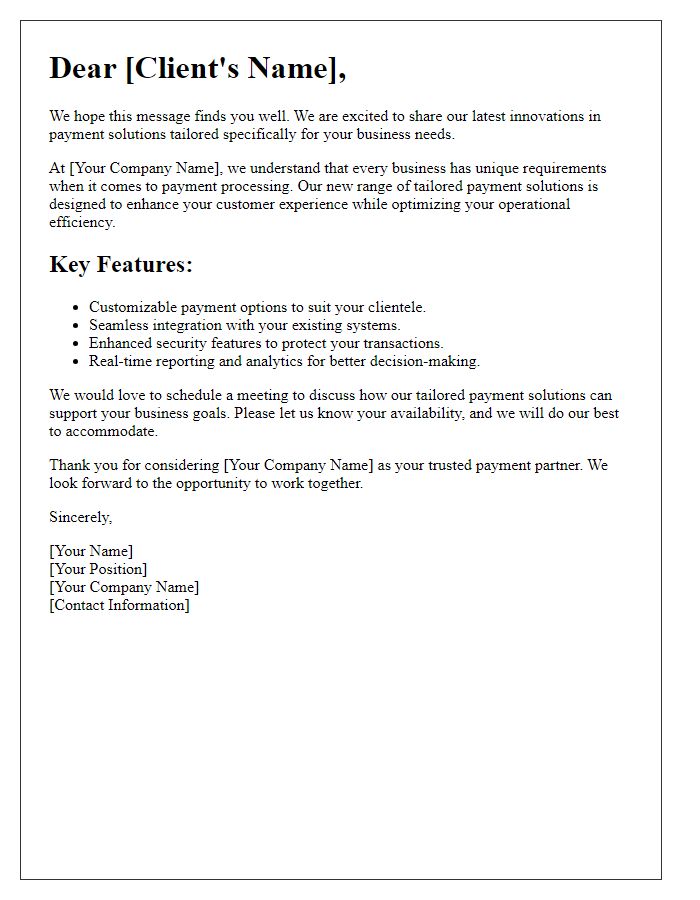 Letter template of unveiling tailored payment solutions