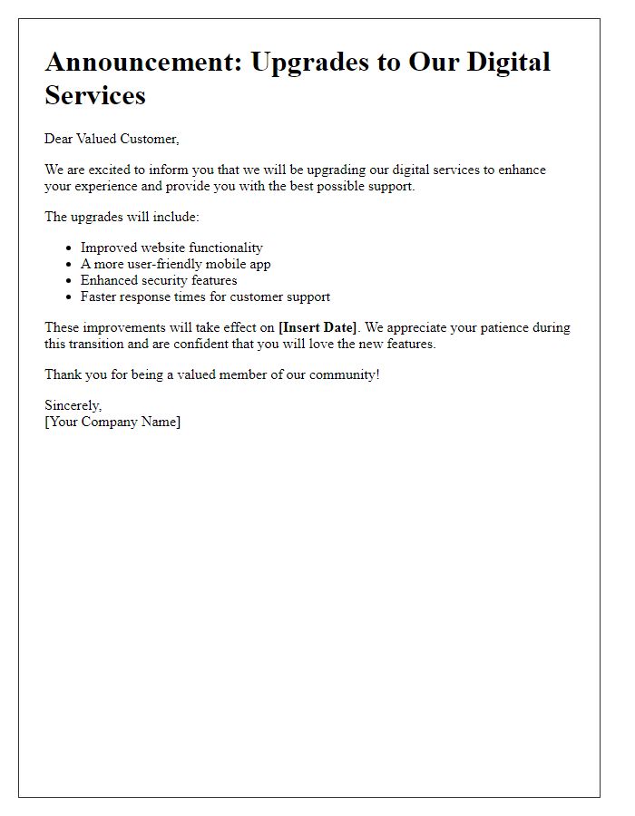 Letter template of announcing upgrades to our digital services