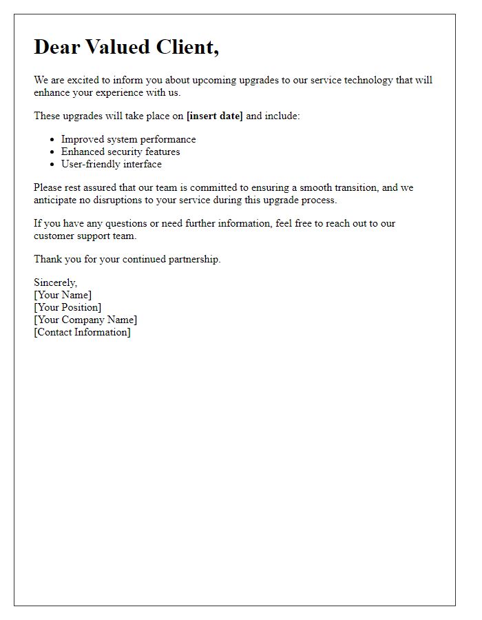 Letter template of informing clients about service technology upgrades