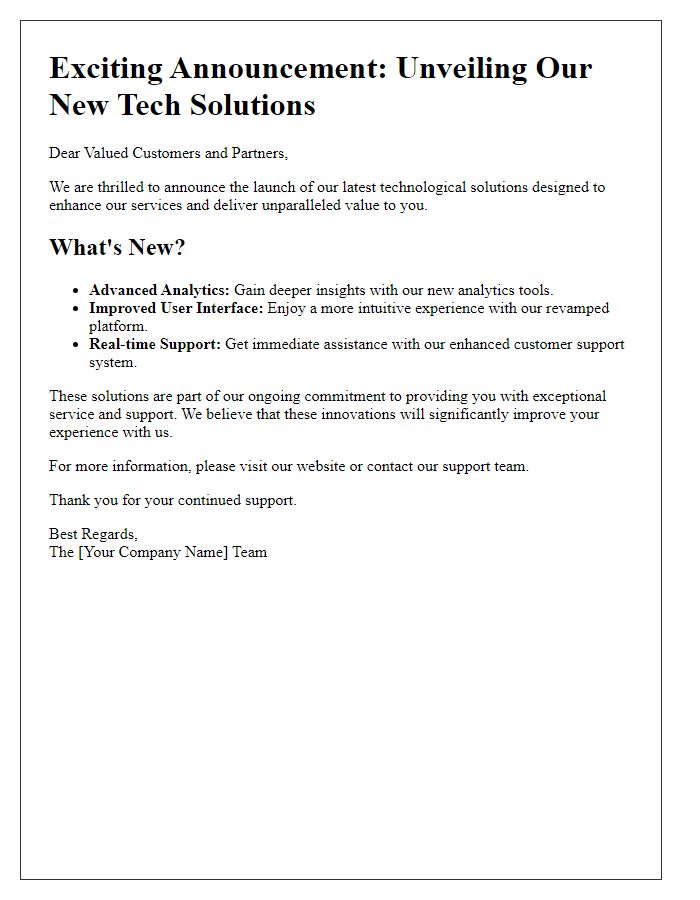 Letter template of unveiling new tech solutions to improve our services