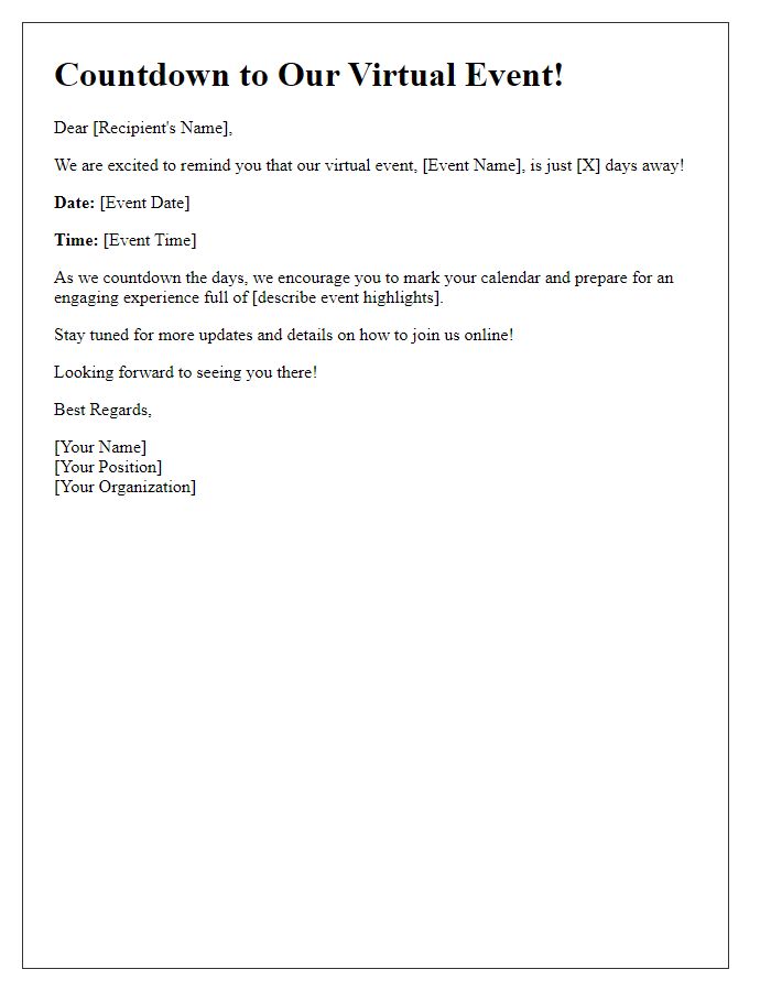 Letter template of countdown to virtual event start