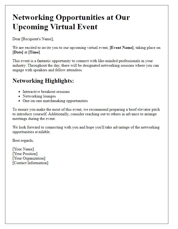 Letter template of networking opportunities in virtual event