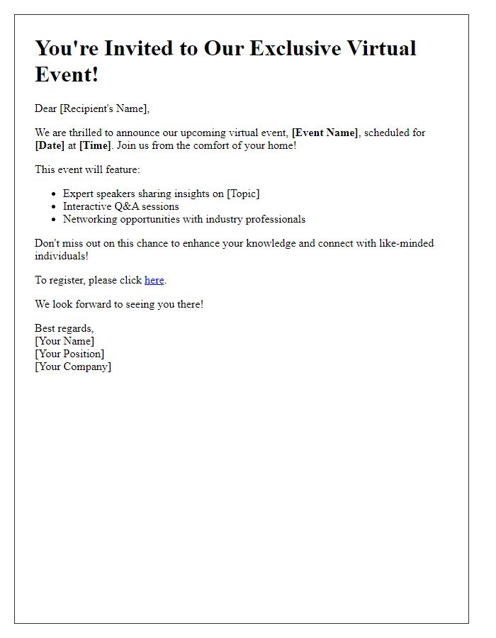 Letter template of promotional announcement for virtual event