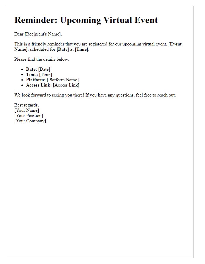 Letter template of reminder for upcoming virtual event