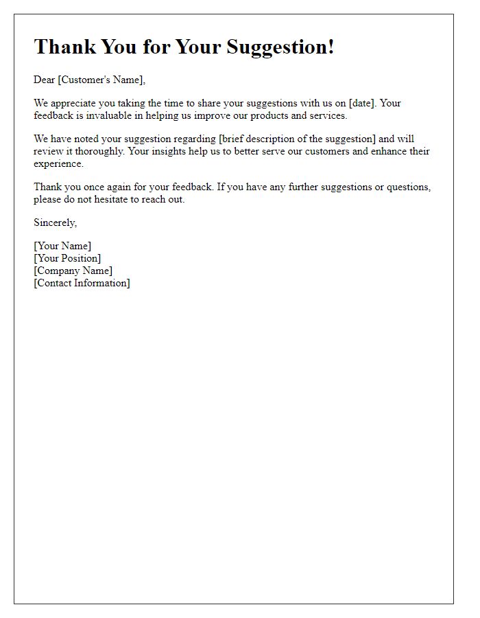 Letter template of Acknowledgment of Customer Suggestions