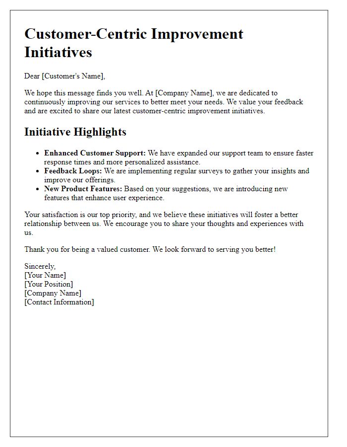 Letter template of Customer-Centric Improvement Initiatives