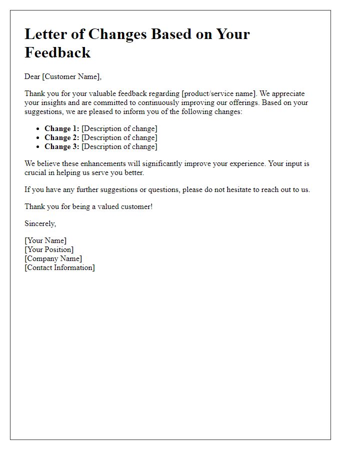 Letter template of Highlighting Changes Based on Customer Input