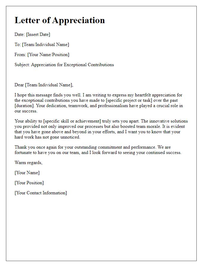 Letter template of appreciation for exceptional team contributions