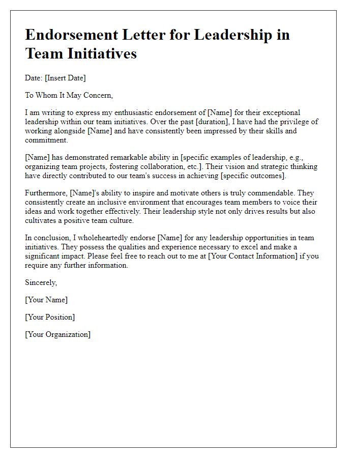 Letter template of endorsement for leadership in team initiatives