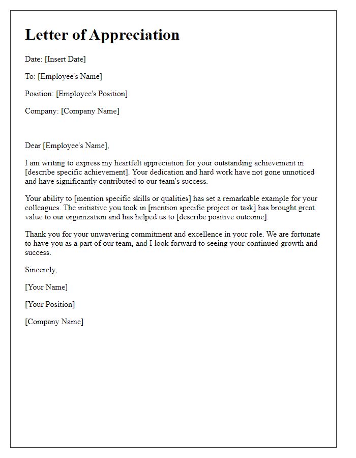 Letter template of appreciation for outstanding employee achievement