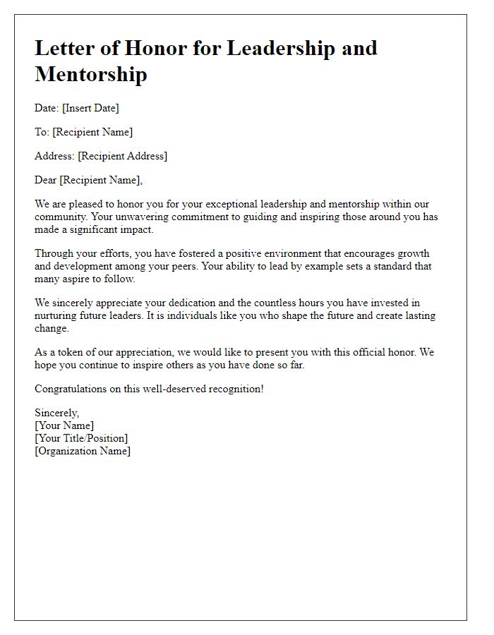 Letter template of honors for leadership and mentorship