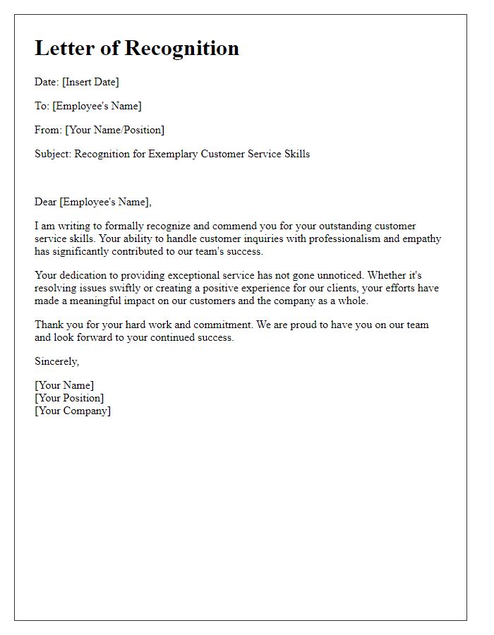 Letter template of recognition for exemplary customer service skills