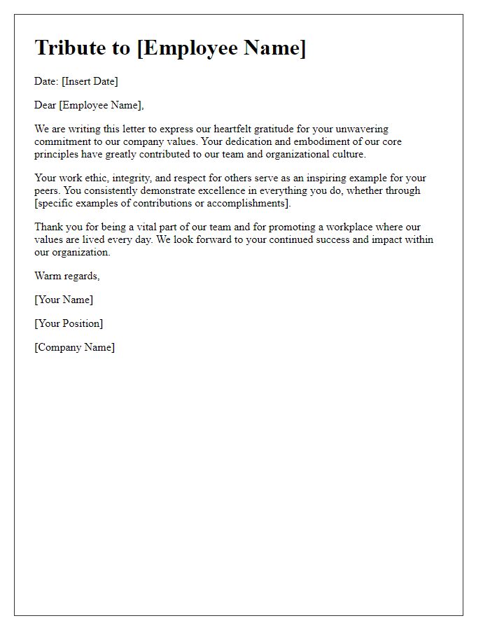 Letter template of tribute for commitment to company values