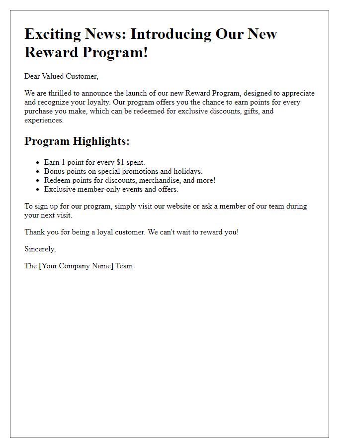 Letter template of Reward Program Announcement