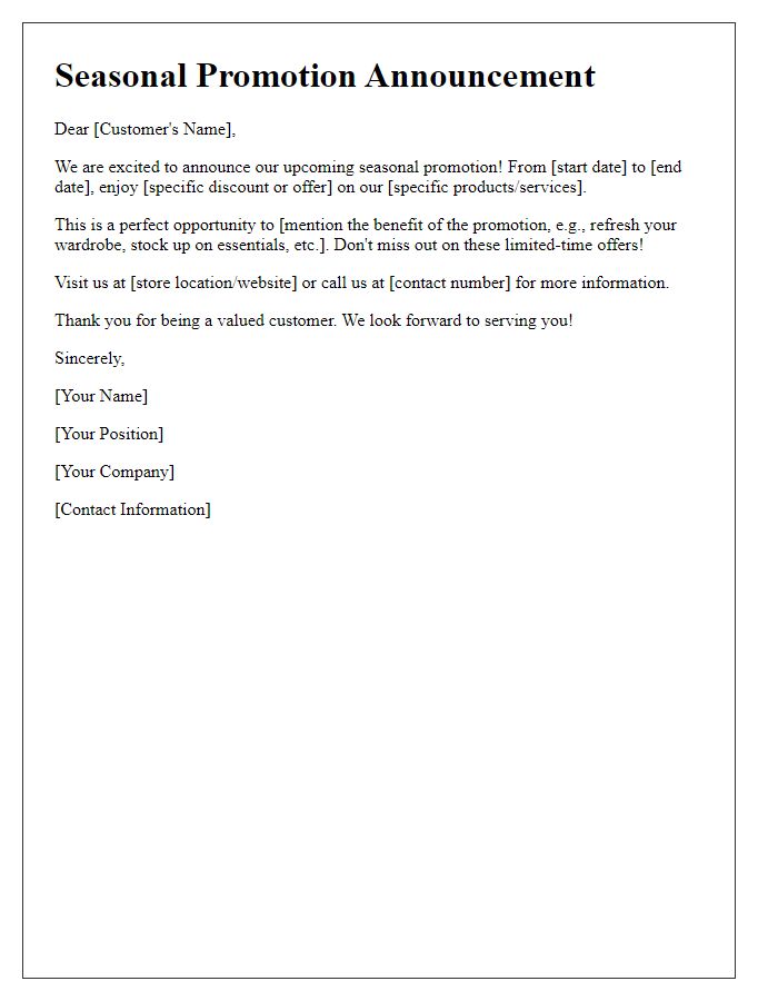 Letter template of Seasonal Promotion Announcement