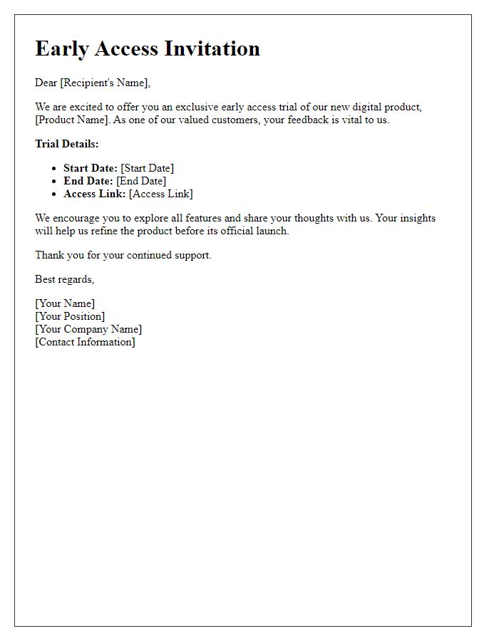 Letter template of early access to digital product trial