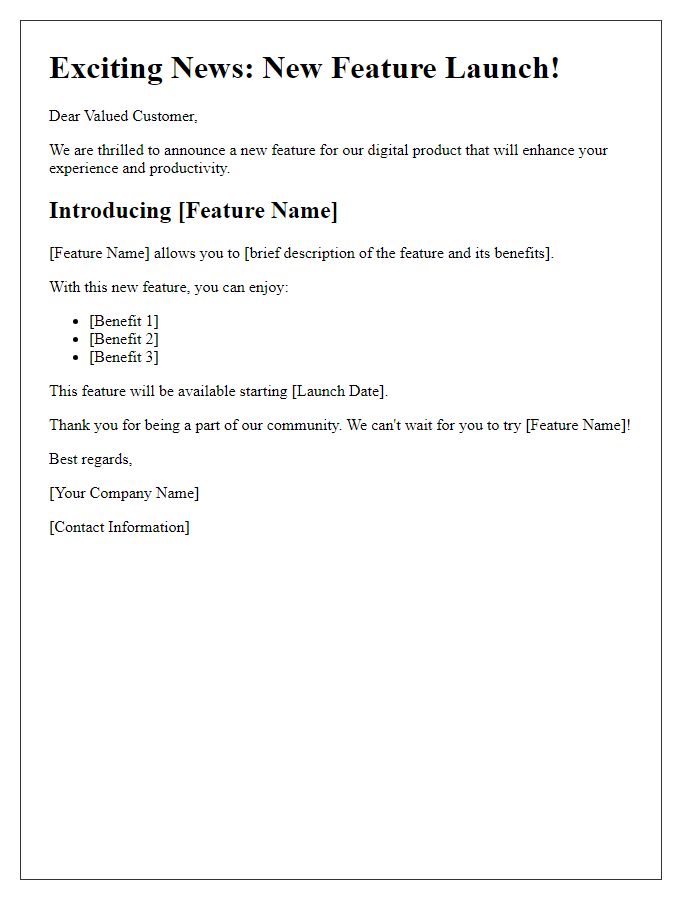 Letter template of new digital product feature announcement