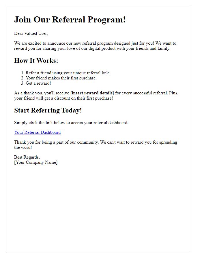 Letter template of referral program for digital product users