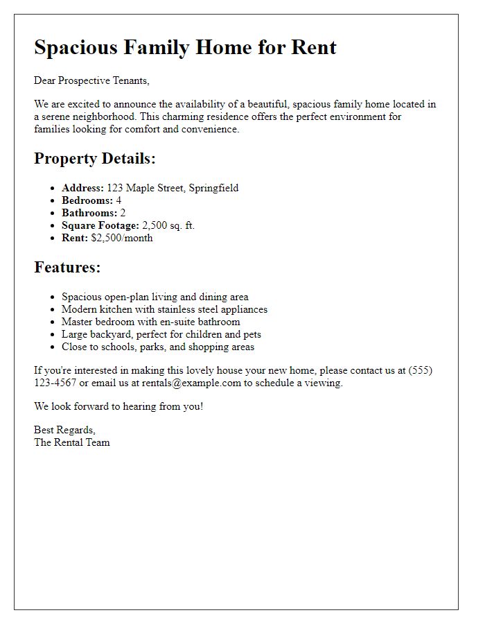 Letter template of rental property advertisement for a spacious family home.