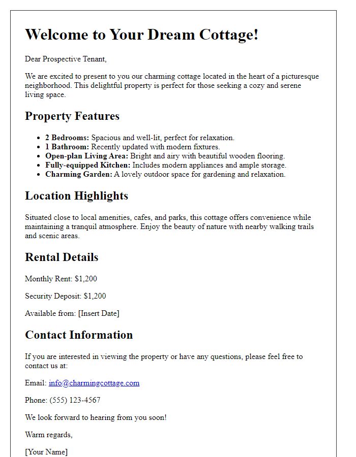 Letter template of rental property brochure for a charming cottage.