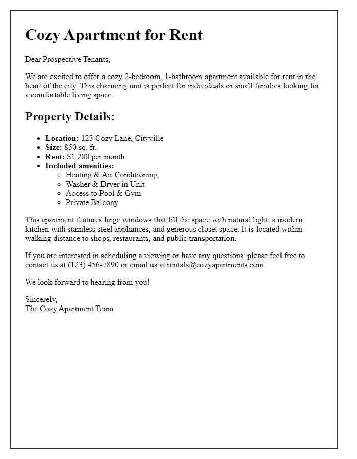 Letter template of rental property listing for a cozy apartment.