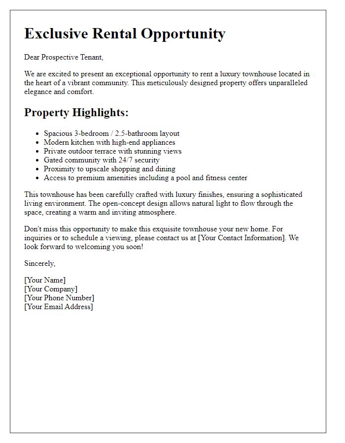 Letter template of rental property marketing for a luxury townhouse.