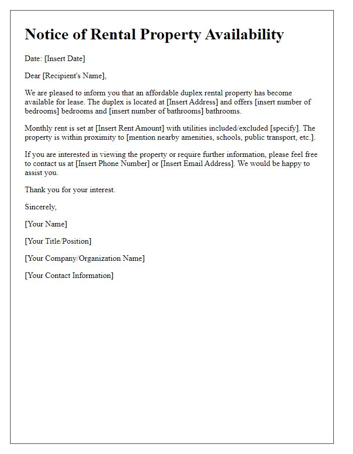 Letter template of rental property notice for an affordable duplex.