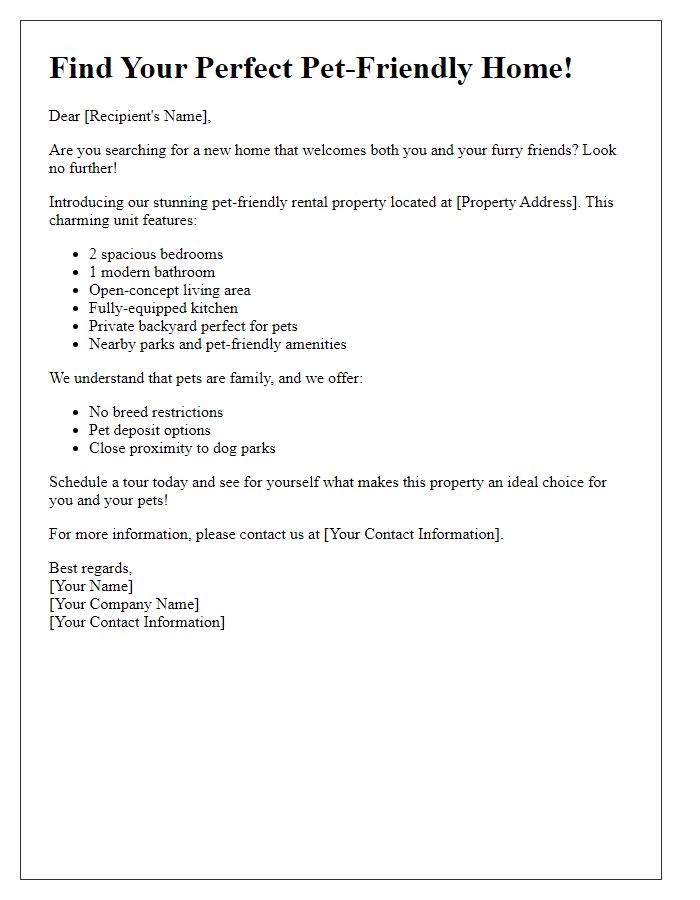 Letter template of rental property promotion for a pet-friendly unit.