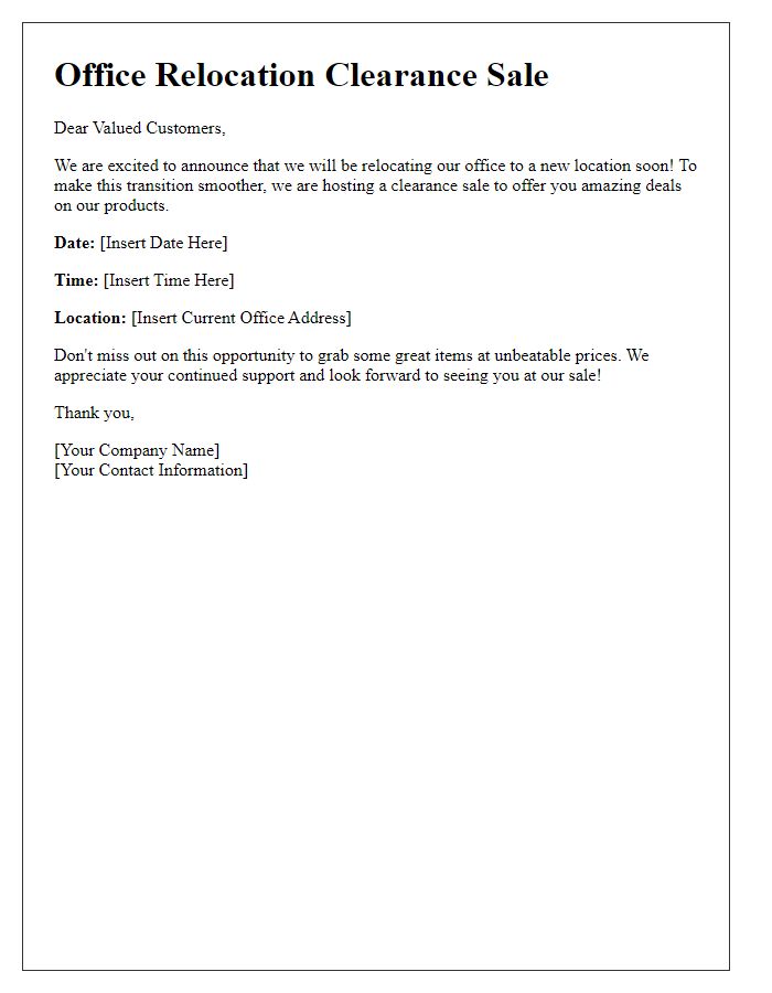 Letter template of office relocation clearance sale announcement.