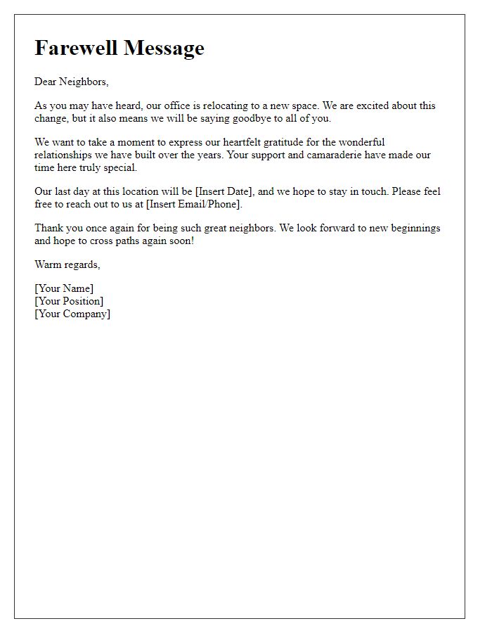 Letter template of office relocation farewell message to neighbors.