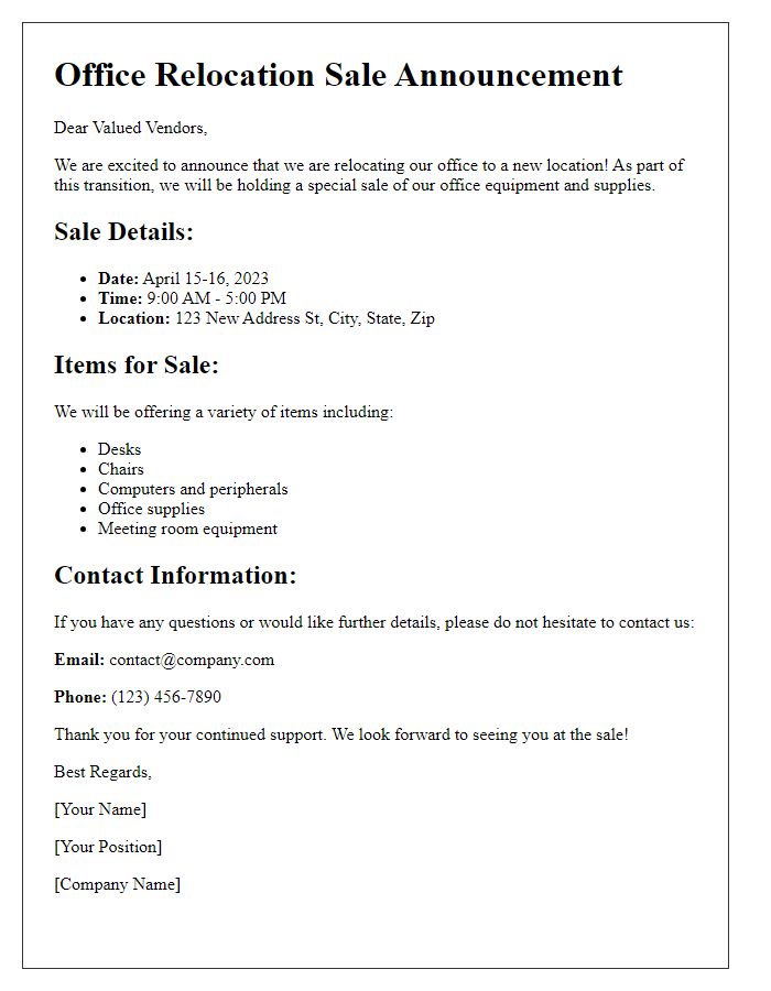 Letter template of office relocation sale details for vendors.