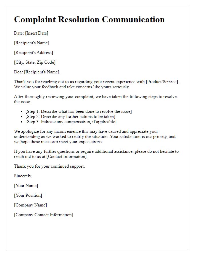 Letter template of complaint resolution communication