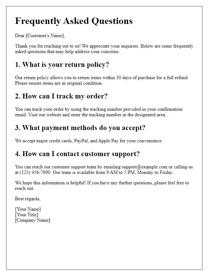 Letter template of FAQ response