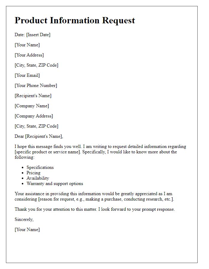 Letter template of product information request