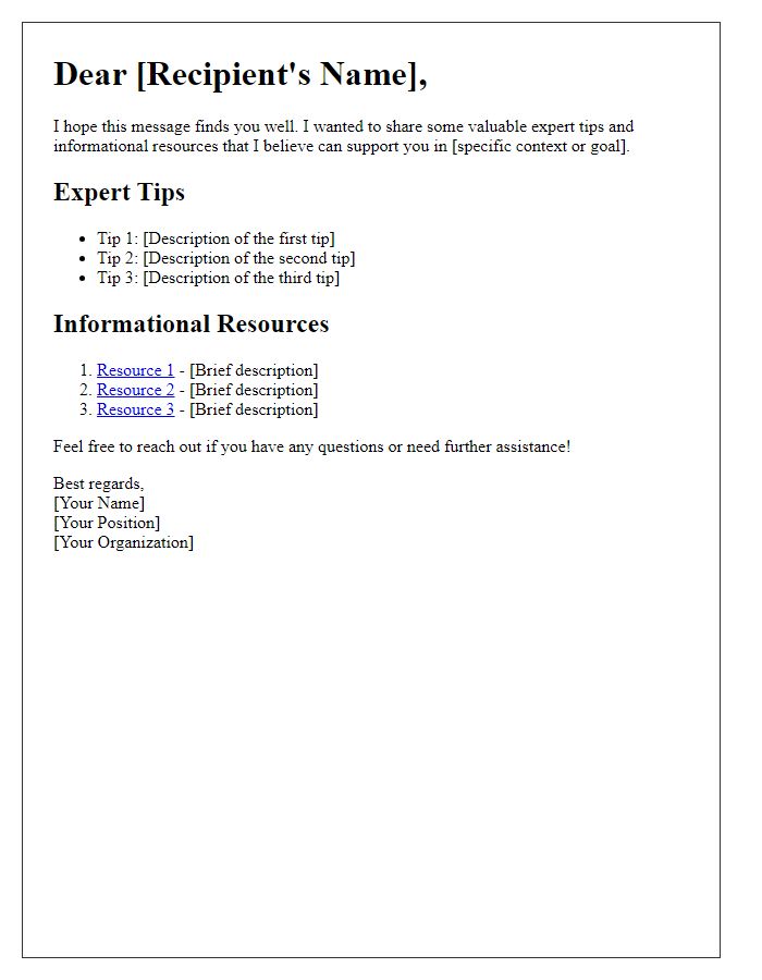 Letter template of Expert Tips and Informational Resources