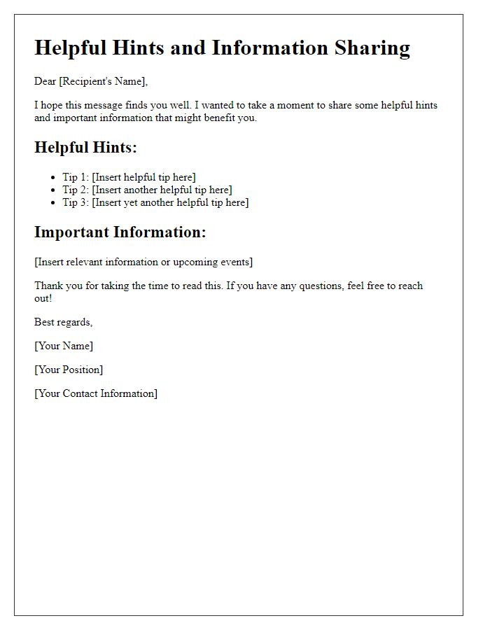 Letter template of Helpful Hints and Information Sharing