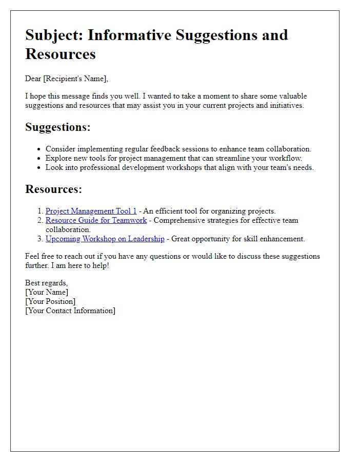 Letter template of Informative Suggestions and Resources