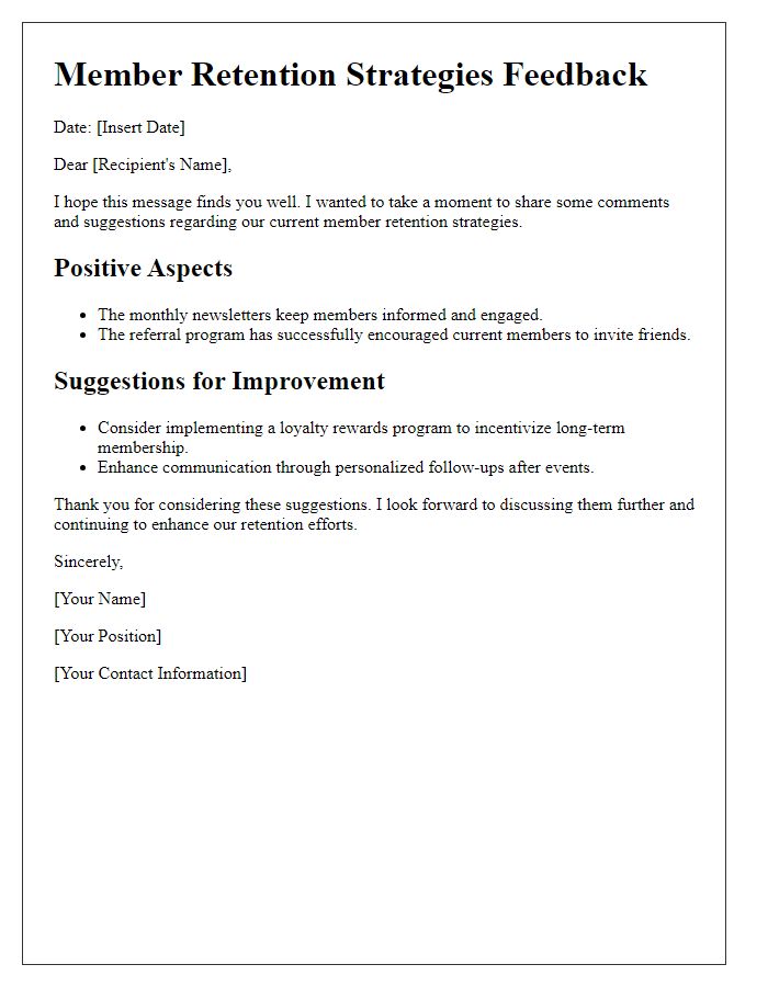 Letter template of comments for boosting member retention strategies