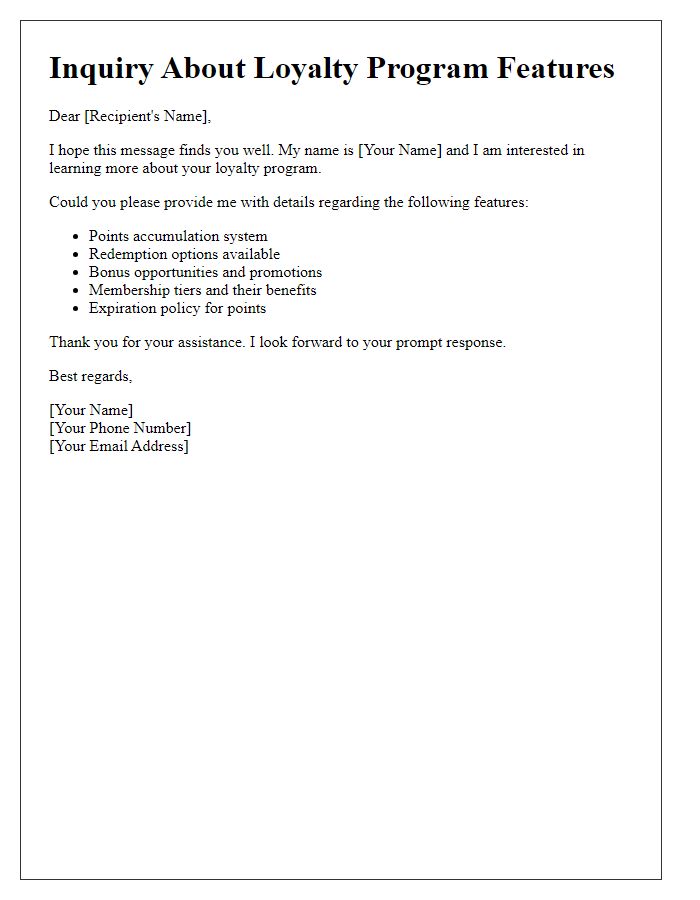 Letter template of inquiries about loyalty program features