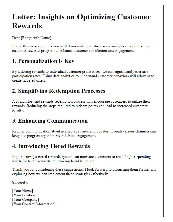 Letter template of insights on optimizing customer rewards