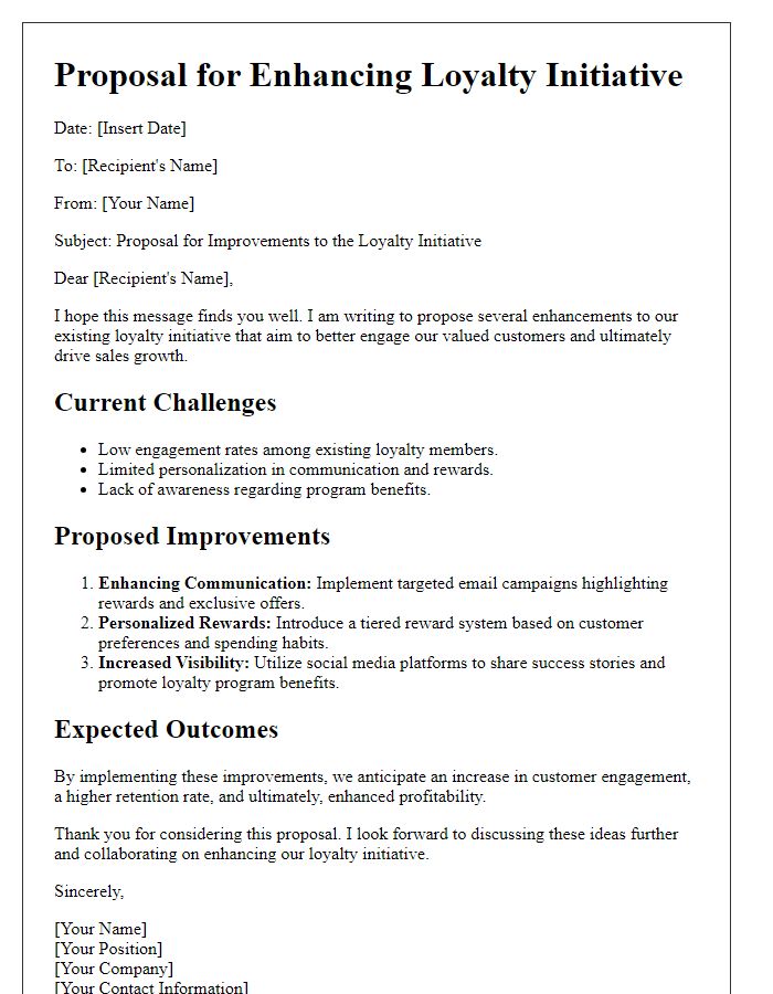 Letter template of proposals for loyalty initiative improvements