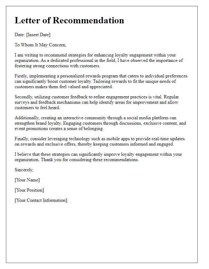 Letter template of recommendations for enhancing loyalty engagement